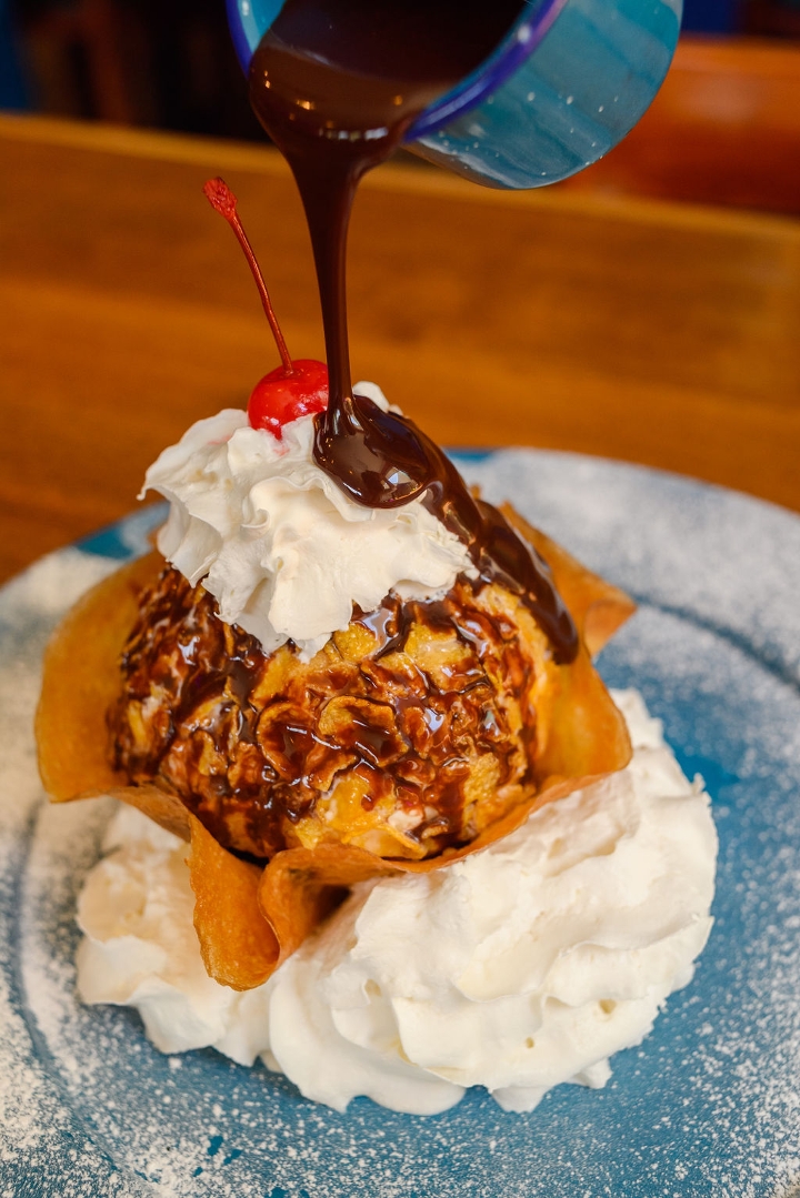 Fried Ice Cream (on a creep cone with Chocolate syrup, whipped cream and a cherry).